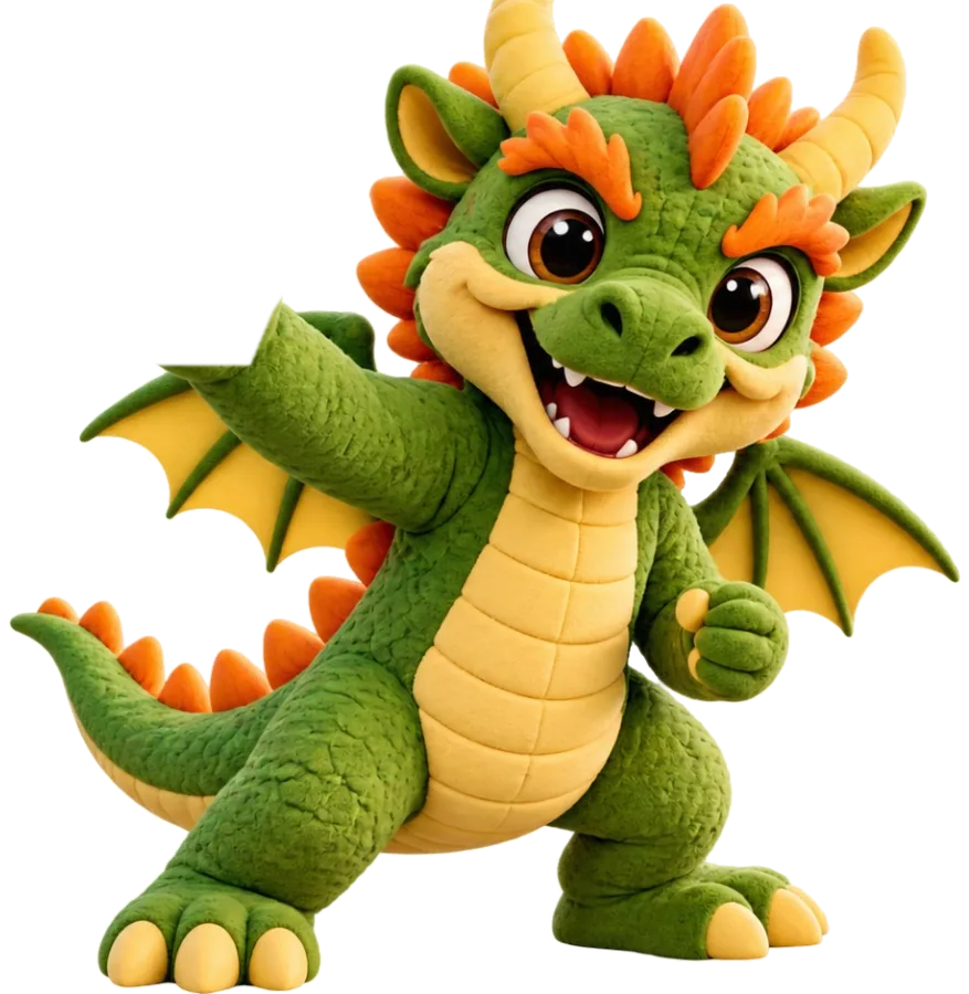Kiko the KASA Dragon — a green felt dragon with orange spikes and a sunny yellow belly — waving hello